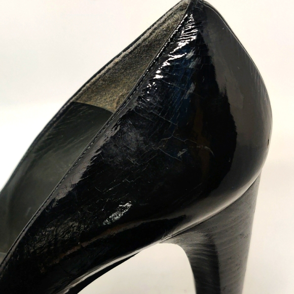 Stuart Weitzman 4.75" Black Patent Leather Heels Open Toe 1" Platform - Picture 3 of 9